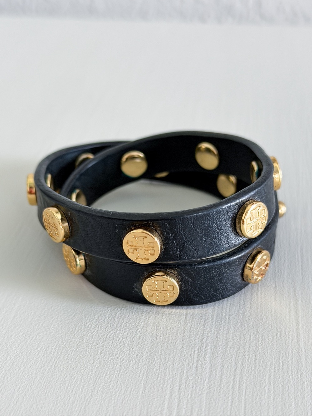 Tory Burch Black and Gold Leather Wrap Bracelet